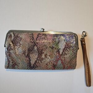 HOBO International "Lauren" Leather Snakeskin Double Frame Clutch Wallet Wristle